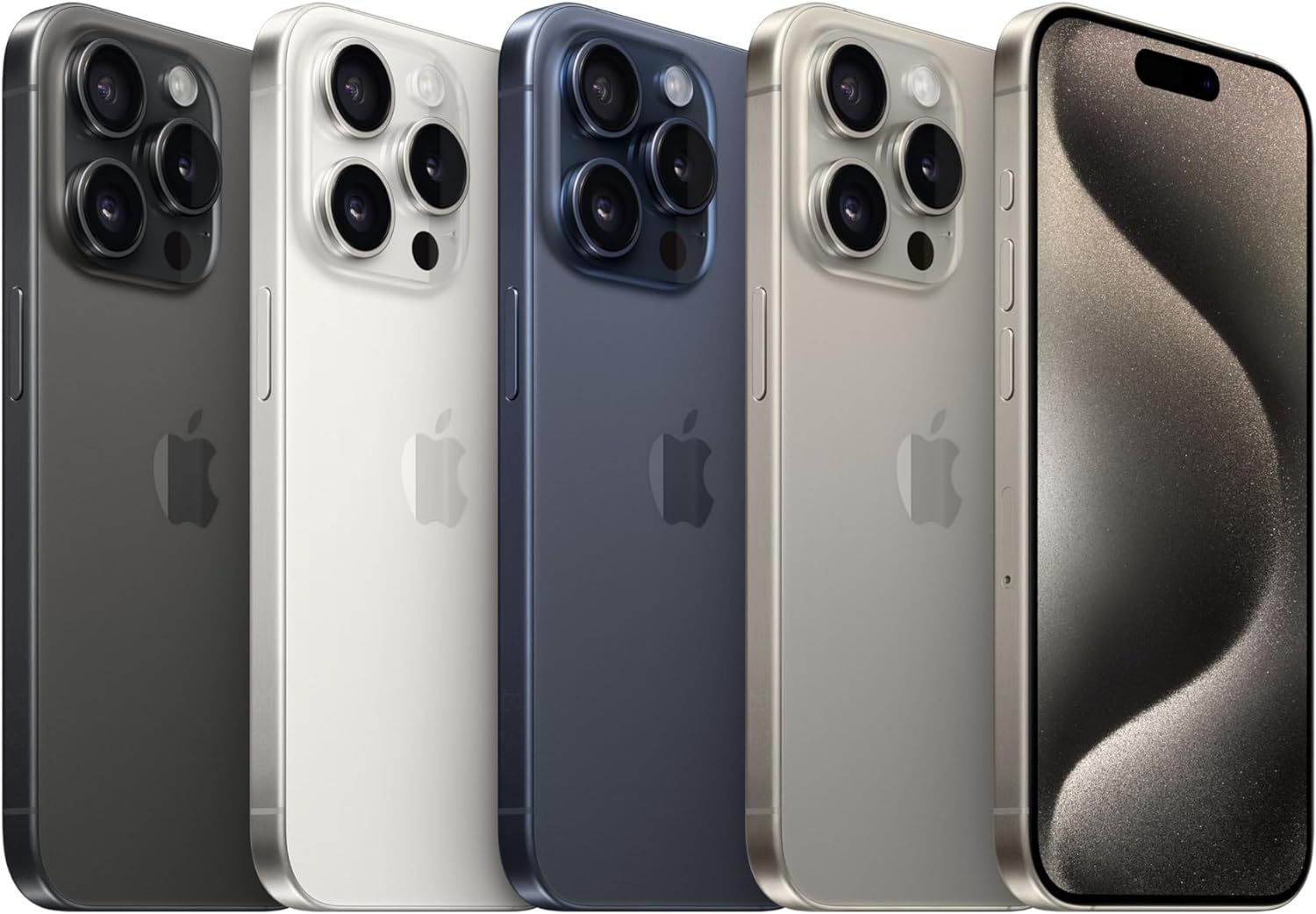 The image displays four smartphones of the same model, each with a different color finish. They are positioned with their rear-facing cameras visible on the left, then sequentially rotated to show the sides and the front screen of the last phone on the right. The design suggests that these are modern smartphones with a multi-lens camera system, likely a premium model. The Apple logo on the back of each device indicates that these are iPhones.