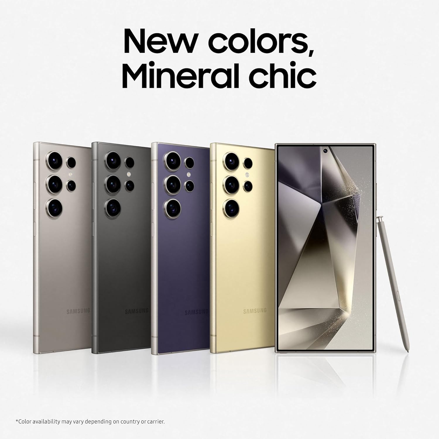 This image features an advertisement for Samsung mobile devices, showcasing new colors for a smartphone model. There are several phones displayed side by side in an array of colors such as gold, black, purple, and silver/gray. The phones have multiple camera lenses on the back, indicating high-end models with advanced photography capabilities. The last phone on the right is shown unfolded, which suggests that this is a foldable smartphone. There is also text which says 