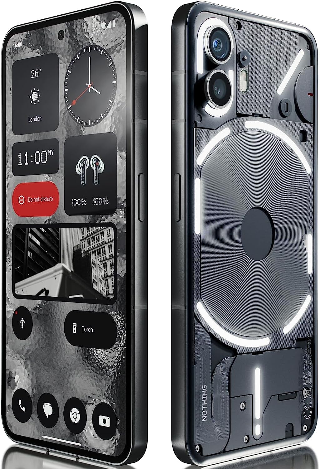The image shows the nothing phone 2 encased in a transparent protective case, which allows visibility of the smartphone's internal aesthetic design or a design mimicking it. On one side of the image, you can see the screen of the phone displaying a user interface with various widgets and icons including a clock, weather information for London, wireless earbuds battery life.