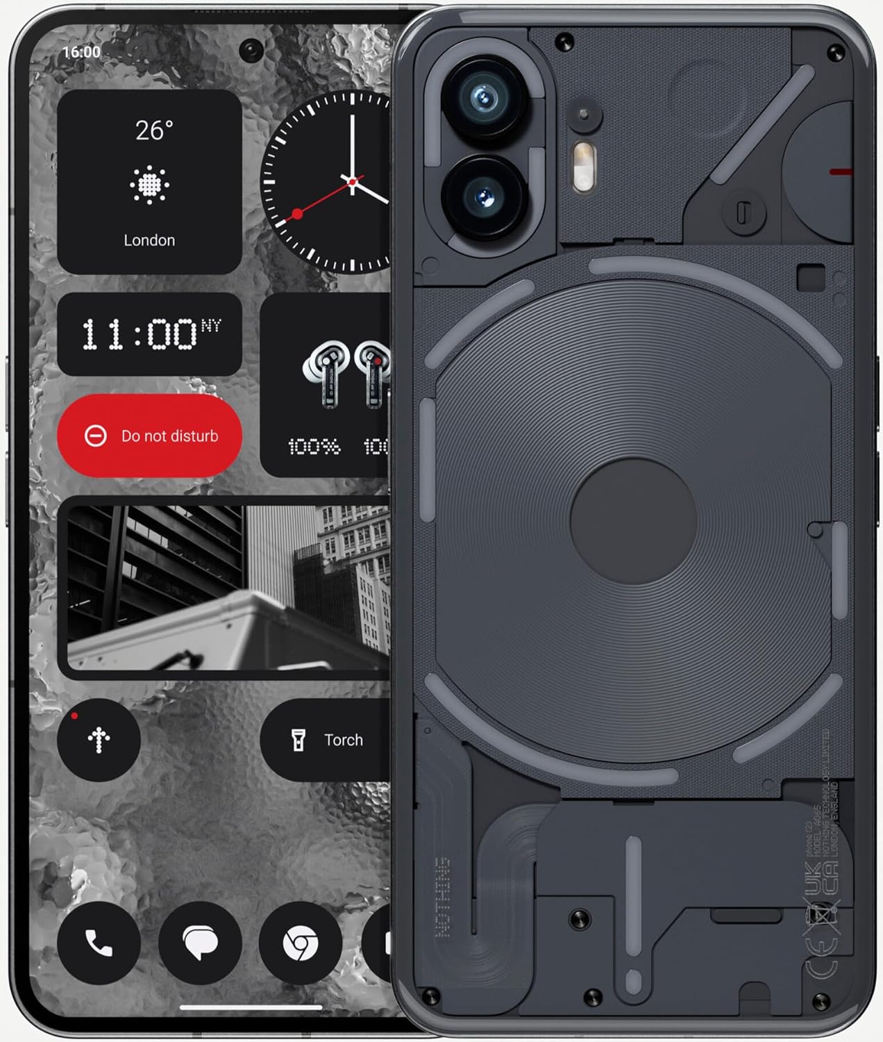 This image shows the nothing phone 2 with a graphical representation of its internal components superimposed onto the back cover. The design is aesthetic and not an actual view of the internals. The interface on the screen displays various widgets and icons that indicate it's likely a customized user interface. Widgets include the temperature in London, a clock showing 11:00 NY (likely New York time), a headphone battery level indicator.