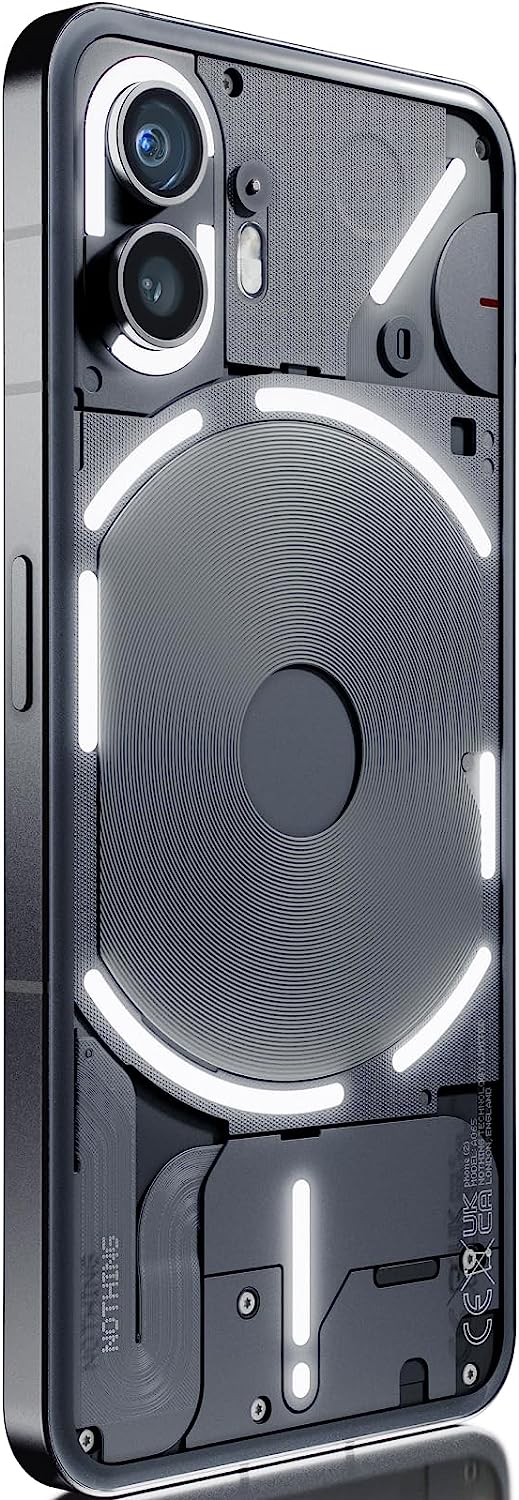 In the image, we see the nothing phone 2 with a unique design that features a transparent back, allowing you to see some of the internal components of the phone. The transparent back showcases what appears to be the coil for wireless charging, various connectors, and screws. The phone's cameras are also visible, with two lenses and what appears to be a flash between them. The aesthetic of the internals is designed to look industrial and complex, which might appeal to tech enthusiasts interested in the hardware aspects of their devices.