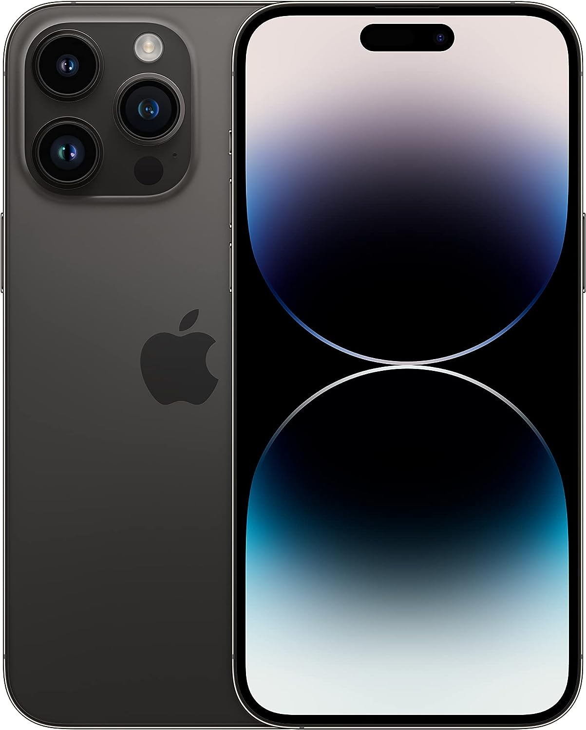 The image shows an iPhone 14 Pro Max, specifically a model that resembles an iPhone based on the distinctive design elements such as the notch at the top of the screen, the arrangement of the multiple camera lenses, flash, and microphone at the back, and the Apple logo. The phone has a black color scheme. The image provides a front and back view of the device.