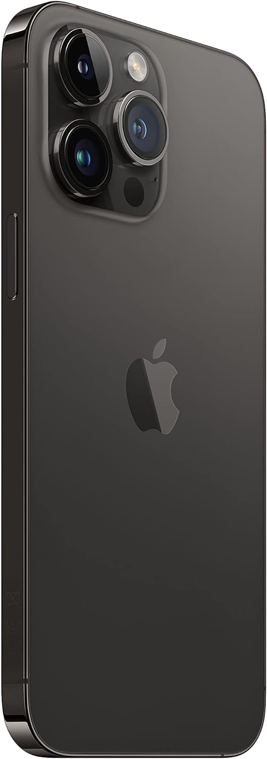 The image shows an iPhone 14 Pro Max with a triple-camera system and an LED flash, arranged in a square module at the back of the device. The Apple logo is visible in the center, indicating that it is an iPhone. The device appears to have a glossy black finish, and the side button is visible on the right side of the phone. This design is characteristic of the iPhone's more recent Pro models, which typically have advanced camera capabilities and a premium build quality.