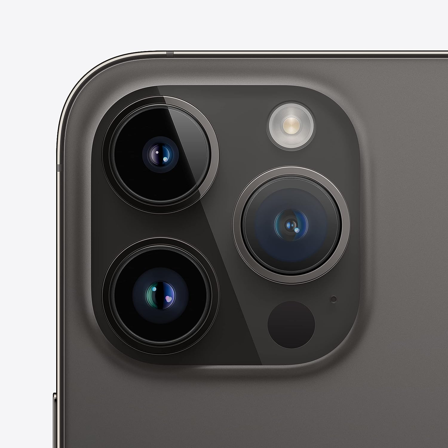 This image shows a close-up of the rear camera system of aniPhone 14 Pro Max. It features a triple-lens setup, with each lens surrounded by a metal ring, and includes a smaller sensor and an LED flash. This type of camera configuration is typically found on high-end smartphones and is designed to offer users a variety of photo and video capabilities, such as wide-angle shots, telephoto zoom, and enhanced low-light performance.