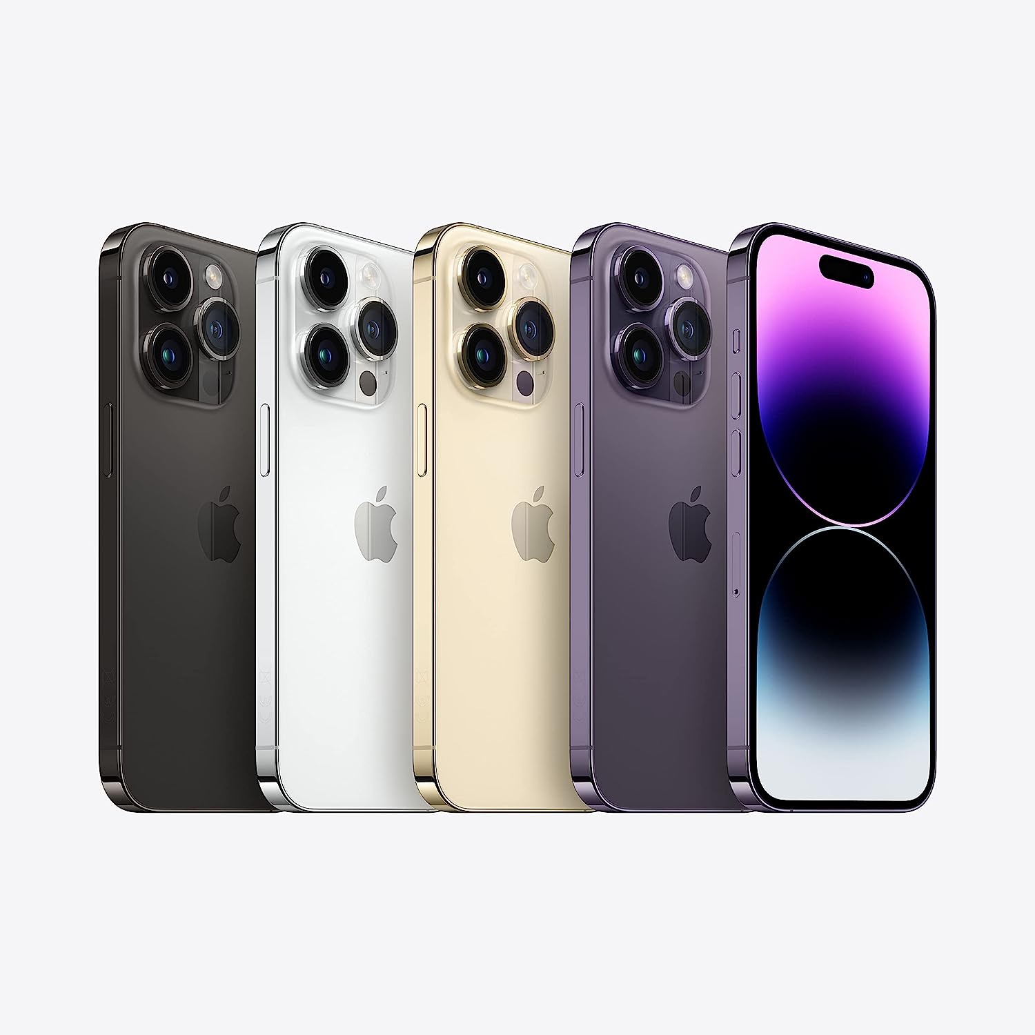 The image shows a lineup of four iPhone 14 Pro Max's from the same manufacturer, presented in different colors. Each phone has a triple-camera system on the back. There is also a front view of a phone with a distinctive notch at the top of the screen, which is displaying a wallpaper with a purple to black gradient. The design and camera arrangement suggest that these are high-end smartphones from a notable manufacturer.