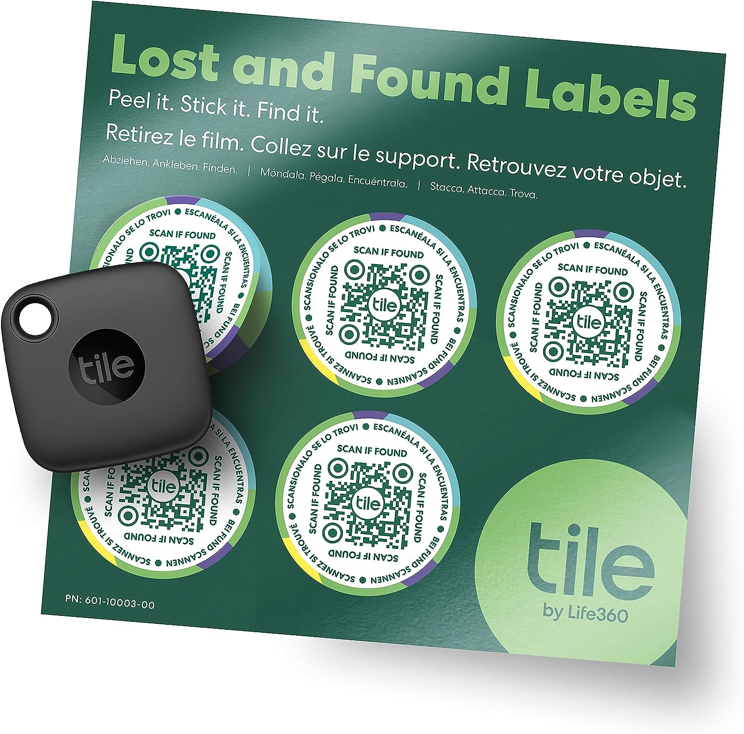 The image shows a set of TileMate lost and found labels.