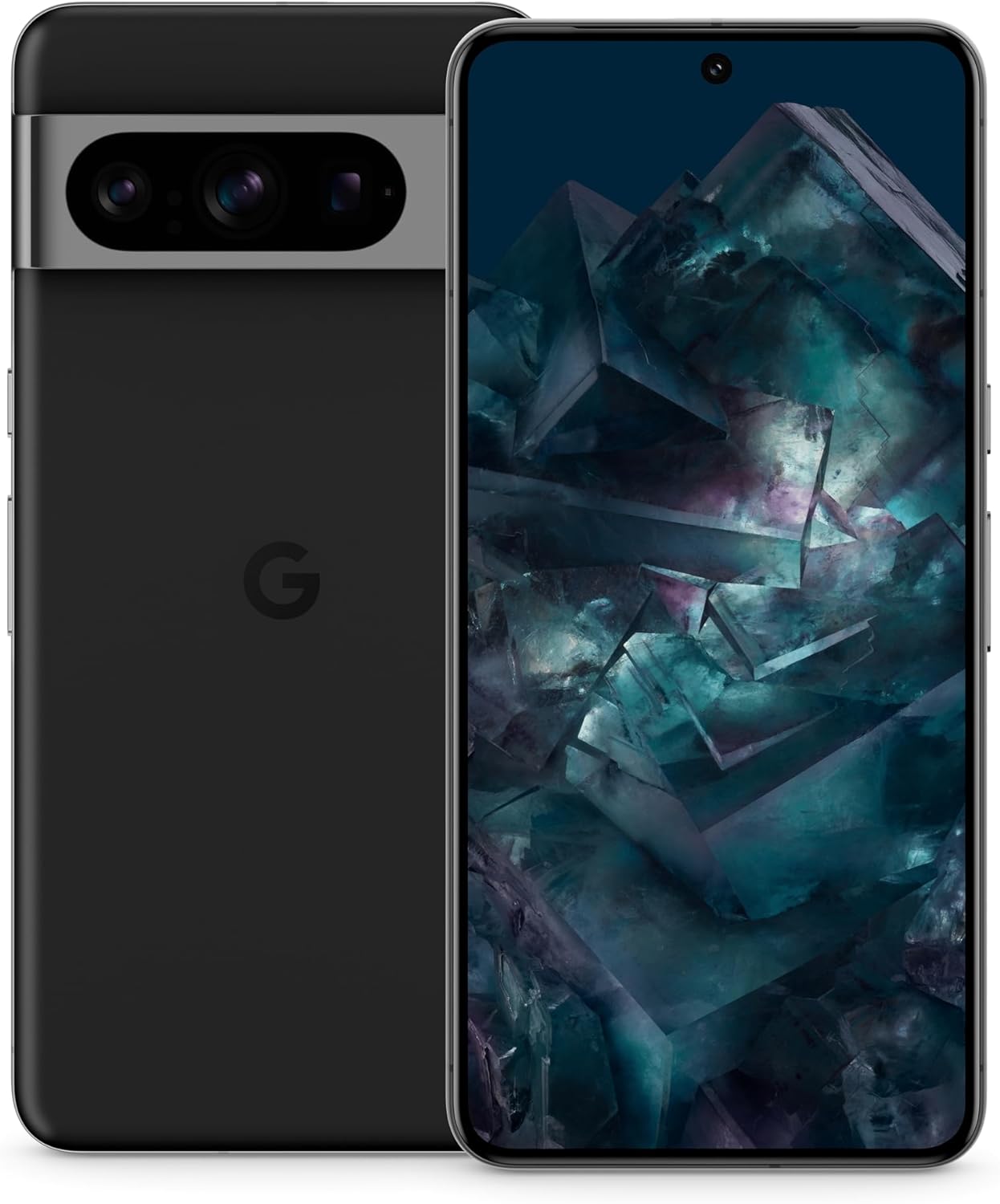 The image shows a pixel 8 pro. Notable features include the horizontal camera bar at the top of the back of the phone, which houses multiple lenses and an LED flash.