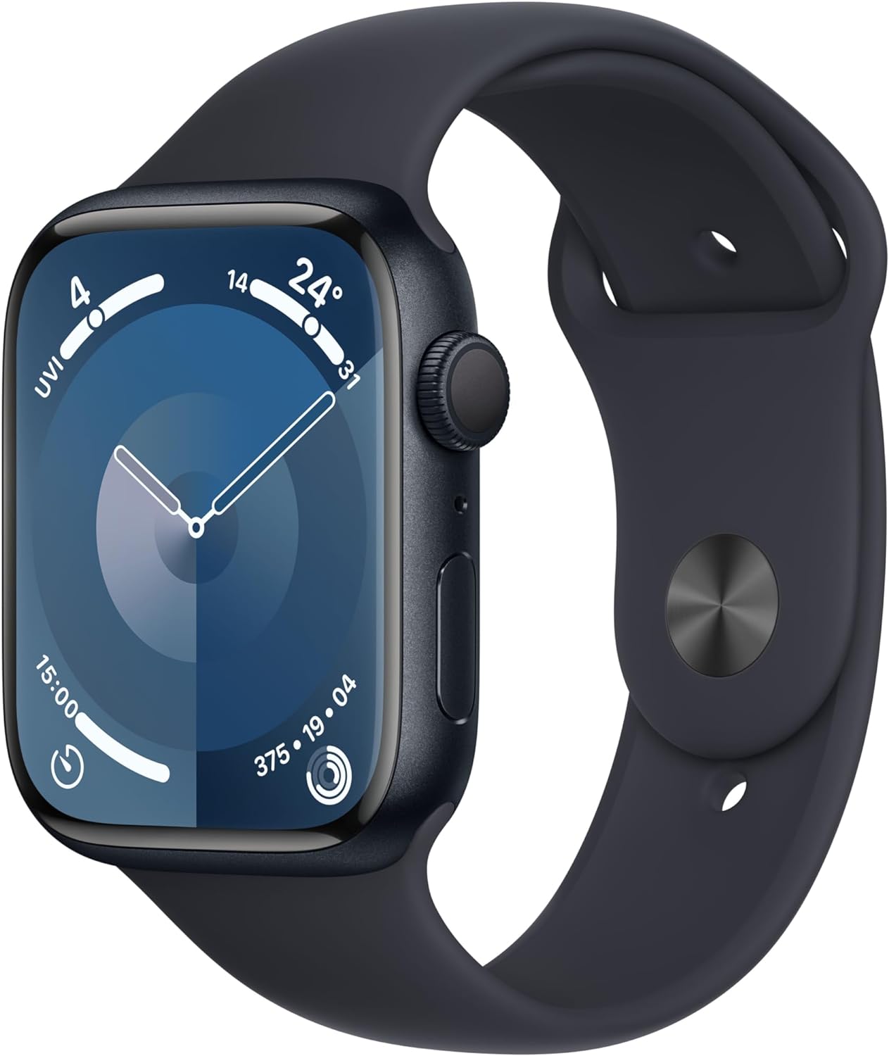 This image shows an Apple Watch Series 9 with a digital display, showcasing a watch face with time and other information such as UV index, temperature, and possibly other health or fitness tracking data. The watch has a rounded rectangular design with a digital crown on the side, which suggests that it could be an Apple Watch or a similar device. The band appears to be made of a fluoroelastomer or silicone material, commonly used for sport bands due to their durability and comfort.