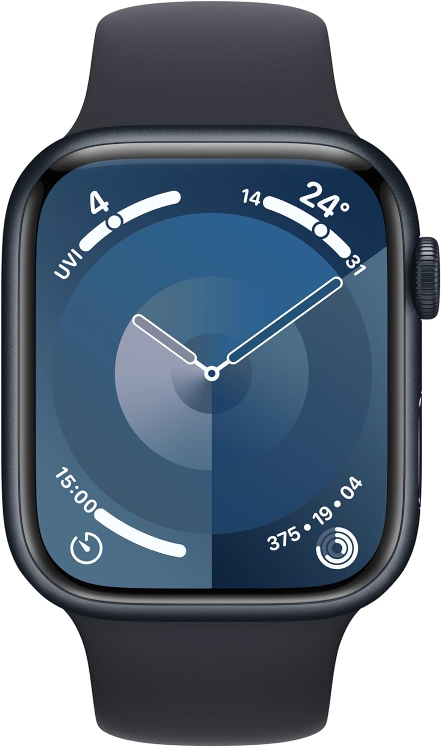 The image displays an Apple Watch Series 9 with a digital watch face. The watch face shows the time with analog-style hands and includes several other pieces of information around the perimeter, such as UV index, temperature, and what appears to be a timer set for 15:00. There are also indicators for activity tracking, noted by what seems to be a 'move' ring, and a small icon at the bottom right that may represent connectivity or audio functions. The overall design of the watch suggests a sleek, modern aesthetic with a focus on displaying various metrics that could be important for daily use or fitness activities.