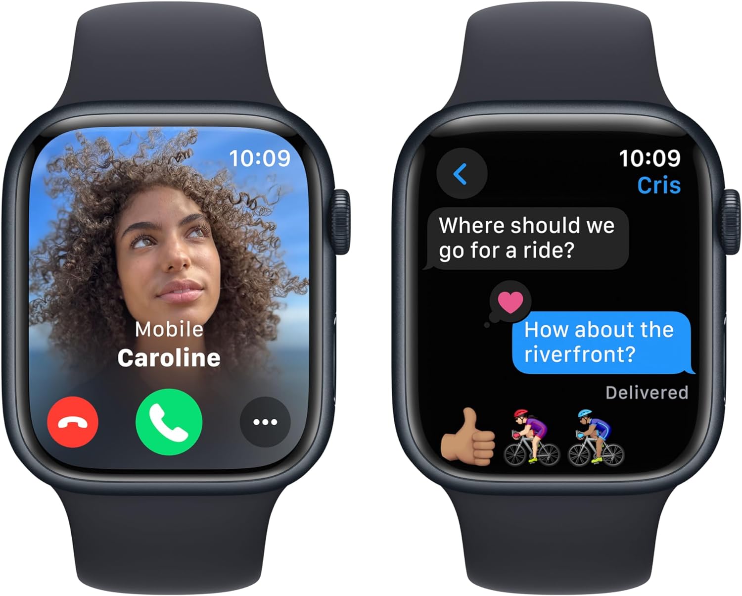 The image shows two Apple Watch Series 9's, each displaying a different screen. On the left, a smartwatch is showing an incoming call with the caller ID indicated as 