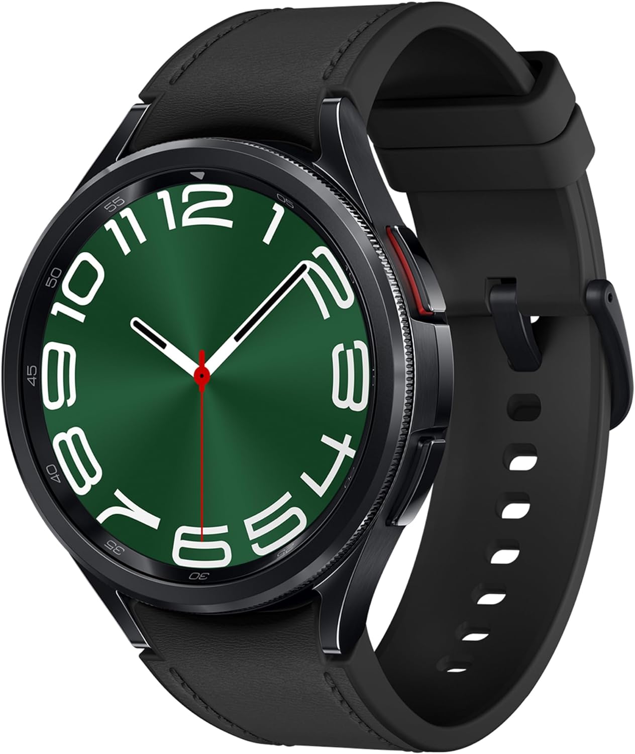 This is an image of a Galaxy Watch 6 with a black strap and a round face with a green watch face design. The watch has large white numerals for the hours and a simple minute and hour hand design with the second hand in red. There's a bezel around the watch face with markings like those found on a diver's watch, although it's not clear if the bezel is functional or decorative. The watch also appears to have buttons or crowns on the side, which would likely be used to interact with the smartwatch's features.