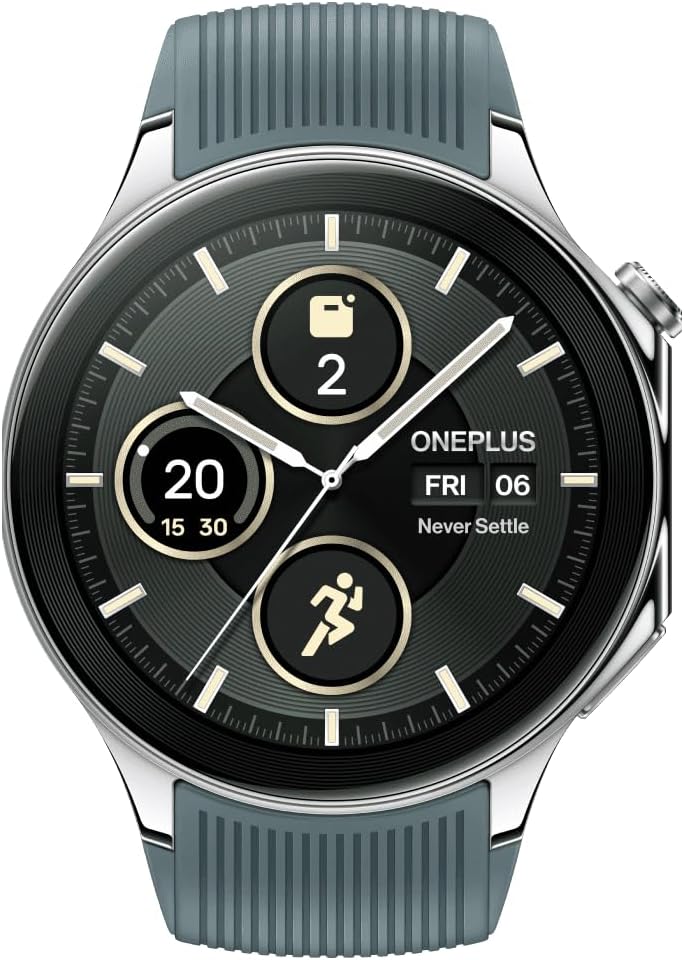 The image shows a OnePlus Watch 2 with a circular face and a grey strap. The watch face has a digital display that features multiple widgets or complications. 