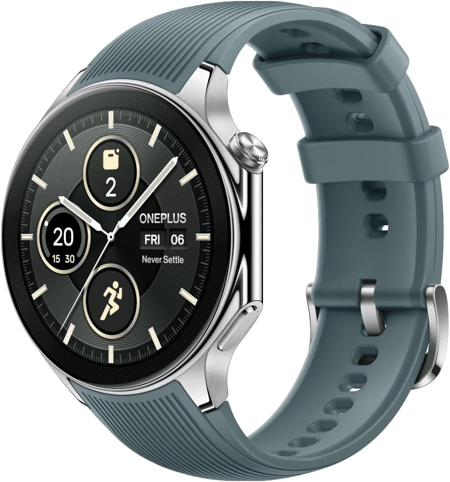 This is an image of a OnePlus Watch 2. The watch has a round face with a digital display showing a watch face design, as well as other information like the date, and what appears to be a step-tracking or fitness feature. The body of the watch has a single button on the side, which is typical for smartwatches to navigate through the device's interface or activate certain features. The strap is made of a material that looks like silicone, and the overall color scheme is dark with shades of gray or green. 