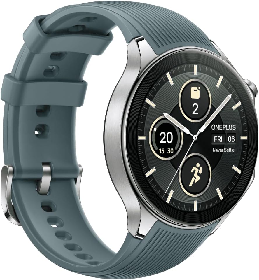 This image shows a OnePlus Watch 2 with a teal or dark green silicone strap and a circular silver-tone metal case. The watch face is digital and displays three separate areas indicating a step counter, an active minutes tracker or possibly heart rate monitor, and the date 