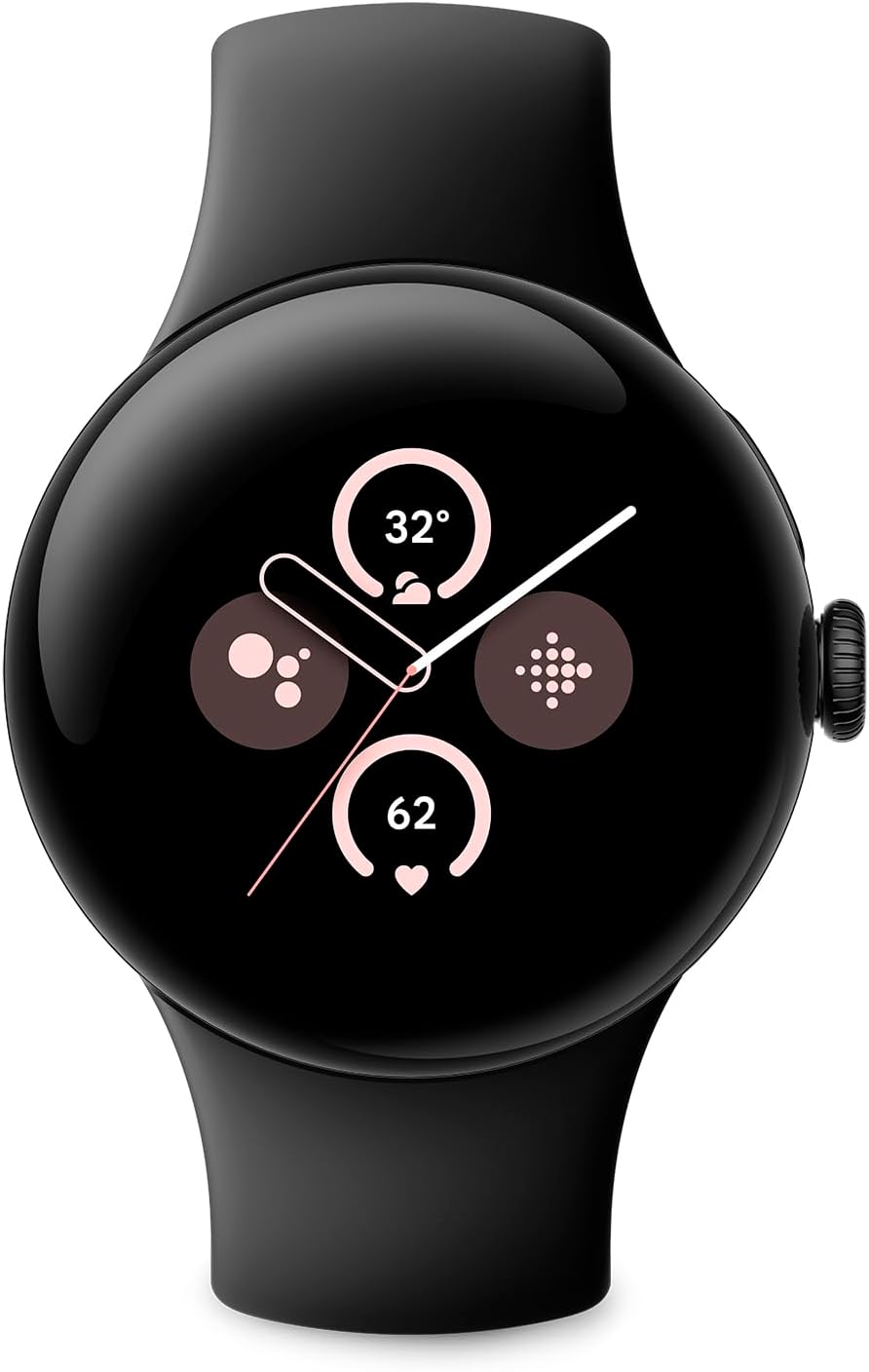 This image features a Pixel Watch 2 with a black strap and a black watch face showing a colorful digital display. The display includes traditional hour and minute hands, and there are three digital readings indicated with icons: one for temperature (32 degrees), one for heart rate (62 bpm), and an unspecified measurement represented by a bubble-like circle. The overall design is sleek and modern, highlighting the multifunction capabilities typical of smartwatches, such as fitness tracking and personal health monitoring.