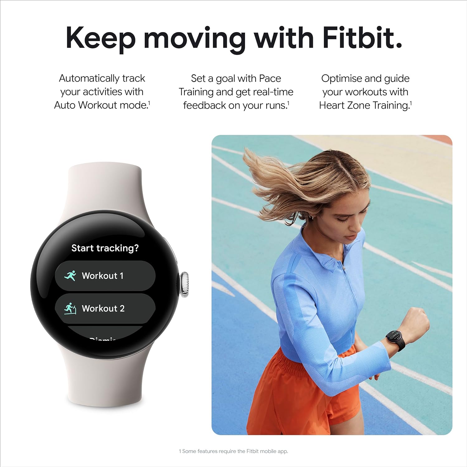 The image features an advertisement for Pixel Watch 2. On the left side of the image, there is a close-up of a Pixel Watch 2 showcasing its interface.