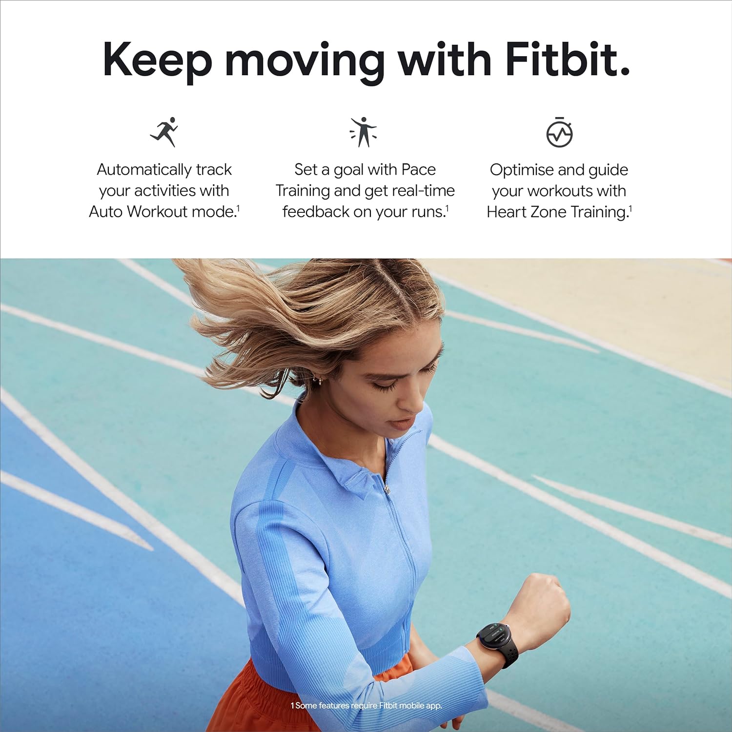 The image features an advertisement for Pixel Watch 2. There is a woman in athletic wear, looking at a Pixel Watch 2 device on her wrist, seemingly engaged in physical activity or exercise. She is on what appears to be a running track, as indicated by the blue and orange track lines.