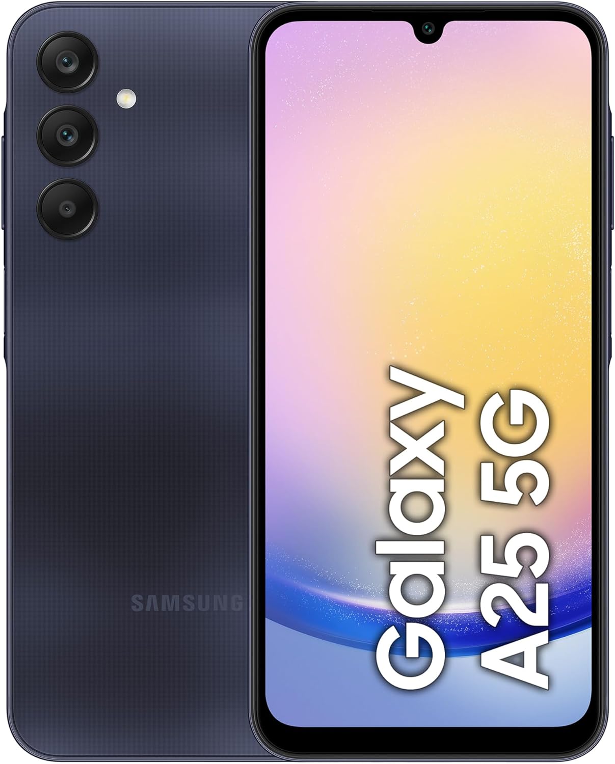 The image shows a smartphone, specifically a Samsung Galaxy A25 5G model. The device showcases a modern design with a display that has a small, centered notch at the top, presumably for the front-facing camera. The rear of the phone features a triple-camera setup aligned vertically along with an LED flash. The back panel also has a textured pattern and displays the Samsung logo. The screen displays the 