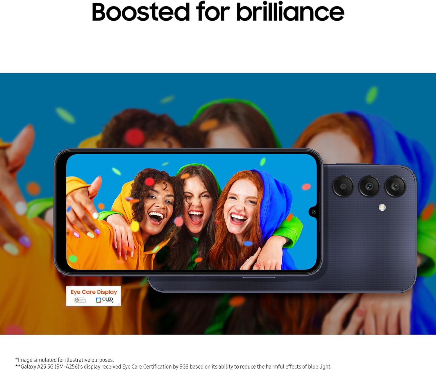 The image shows an advertisement for a Galaxy A25 5G, specifically highlighting its display quality.