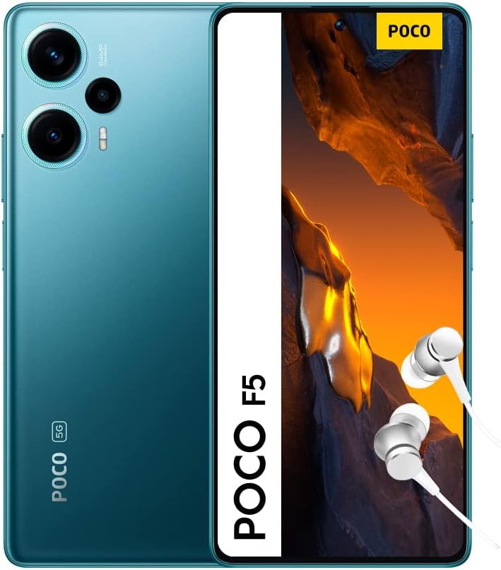 The image shows a Xiaomi Poco F5, as indicated by the branding on the device. The smartphone is presented in two orientations: the back view and the front view. The back showcases a blue color scheme, a triple-camera setup along with an LED flash and some additional sensors, as well as POCO branding at the bottom with 5G network capability indicated.
The front view shows the smartphone's display with minimal bezels and a punch-hole camera cutout in the top center for the selfie camera. The display is on, showing a vibrant wallpaper of what appears to be a close-up view of a natural landscape with an orange hue, which could be a cave or rock formation. Additionally, there are wired earphones inserted into the phone's charging port, highlighting the fact that this device may still retain a traditional headphone jack, even though the exact location of the jack cannot be seen in this image.