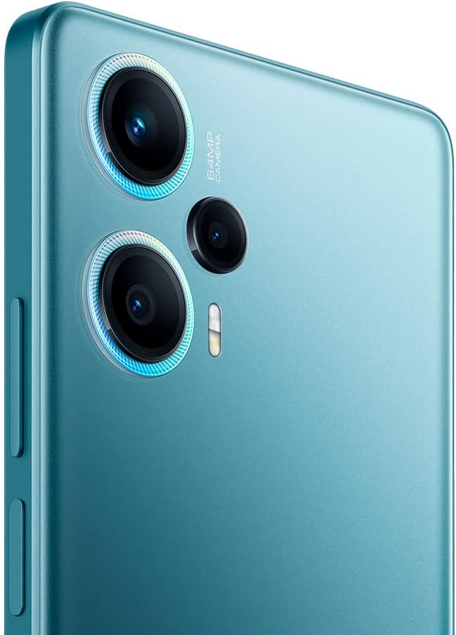 This image shows a close-up of the top portion of a Xiaomi Poco F5 back. The phone features a triple-camera system, with each camera lens circled by a decorative ring.