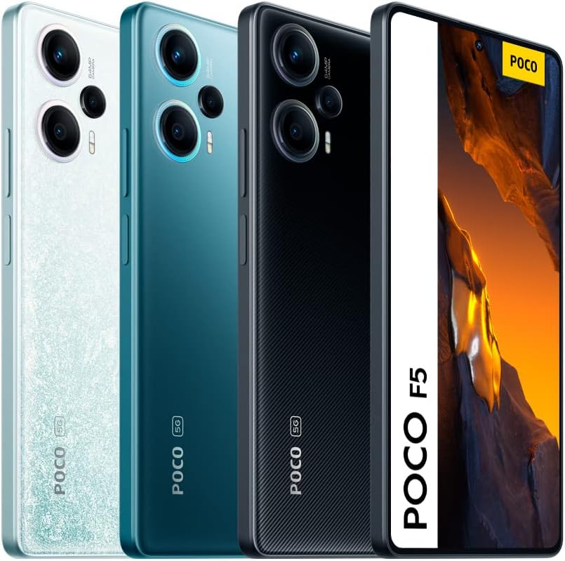 The image displays three Xiaomi Poco F5's, shown in different colors. Each phone has its rear camera modules visible, highlighting multiple lenses and an LED flash, which suggests advanced photography capabilities. The design of the smartphones indicates a modern and sleek aesthetic. The rightmost device also shows the front view with a display that has the front-facing camera in a punch-hole design and the screen turned on, displaying a vivid wallpaper. The phones are marked with the POCO logo and the 5G label, signifying that they are 5G-capable.
