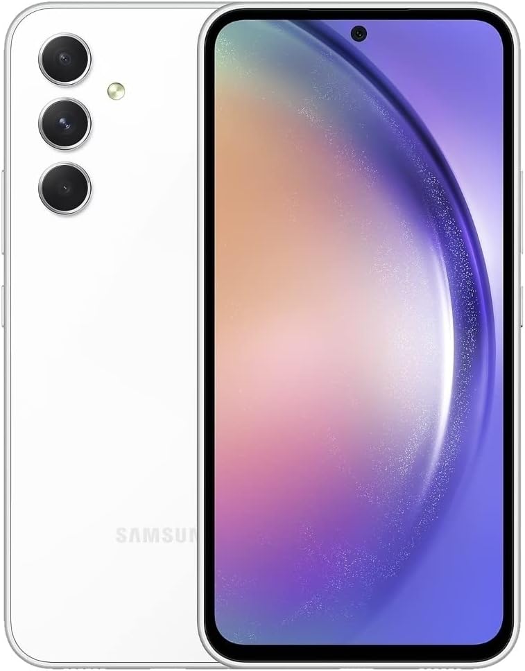 The image shows a Samsung Galaxy A54 smartphone, which is identifiable by the branding on the device. The phone features a front-facing camera located at the top center of the screen and a triple rear camera setup with the cameras aligned vertically along the top left corner on the back of the phone. There's also a sensor next to the cameras, likely for flash or additional camera functionality. The design is sleek and modern with a large, edge-to-edge display that has a slight bezel. The on-screen graphic displays a gradient wallpaper, showcasing the color and resolution capabilities of the screen.