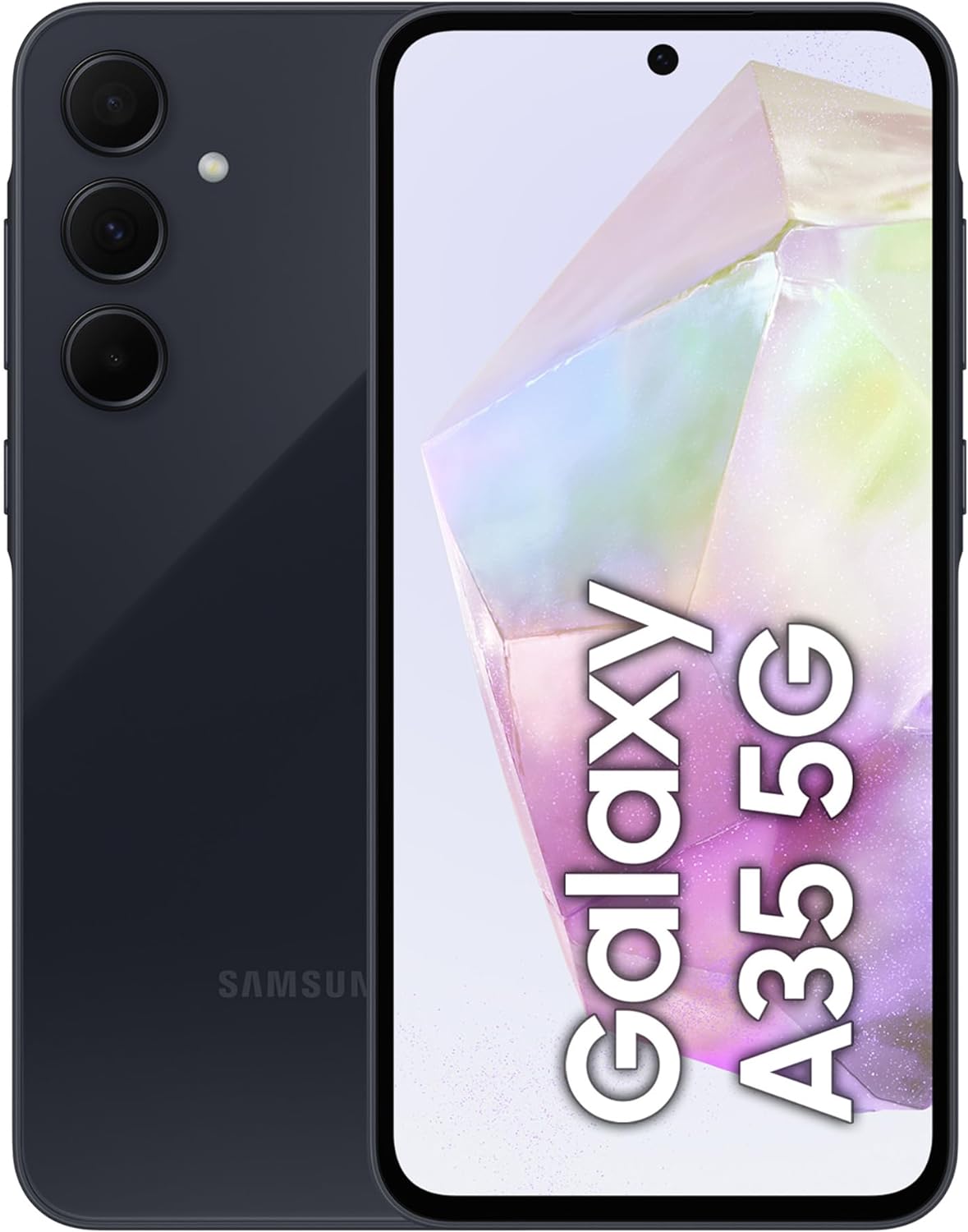 This image shows a Samsung Galaxy A53 5G smartphone. The device is black with a screen displaying the phone's name .