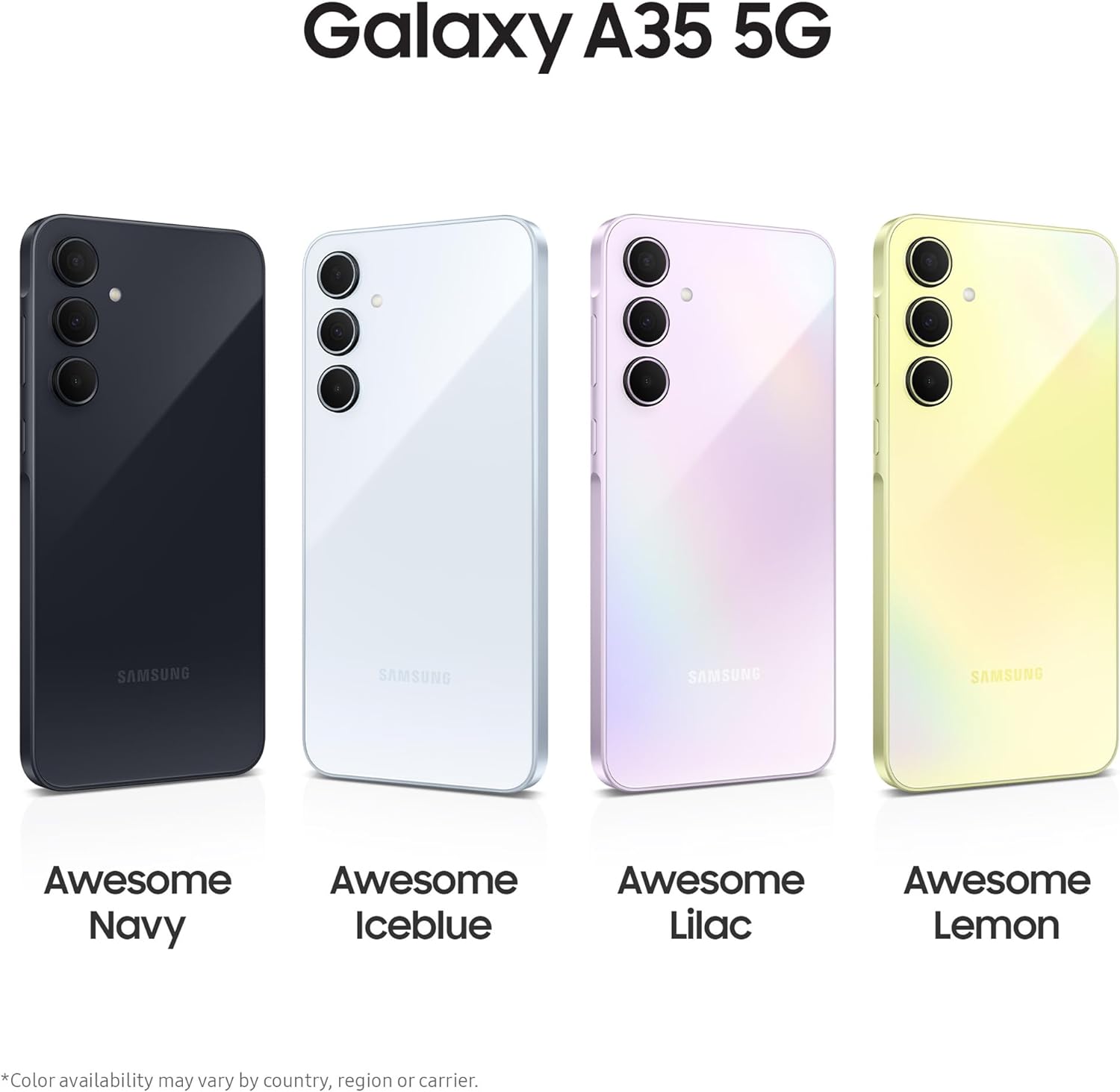 This image shows four Samsung Galaxy A35 5G smartphones in different colors. The color options presented are Awesome Navy, Awesome Iceblue, Awesome Lilac, and Awesome Lemon. Each phone is displayed from the back, highlighting the camera module design consisting of multiple camera lenses and an LED flash aligned on the top left corner of the device.