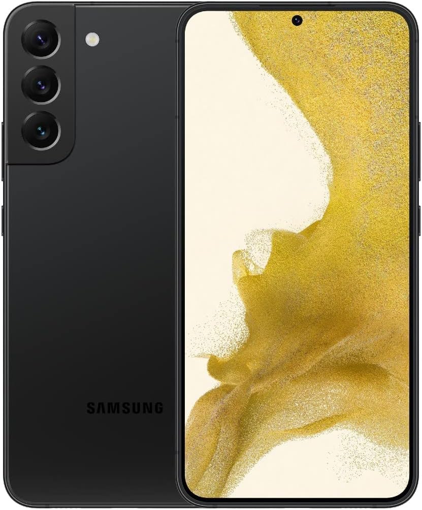 This image shows a Samsung Galaxy S22+. The phone features a punch-hole camera on the front screen, and a triple-lens camera setup on the back with an additional sensor that could be for depth sensing or flash. The color theme of the device is a combination of black for the chassis and a golden-yellow gradient wallpaper on the screen, hinting at a sleek and modern design.