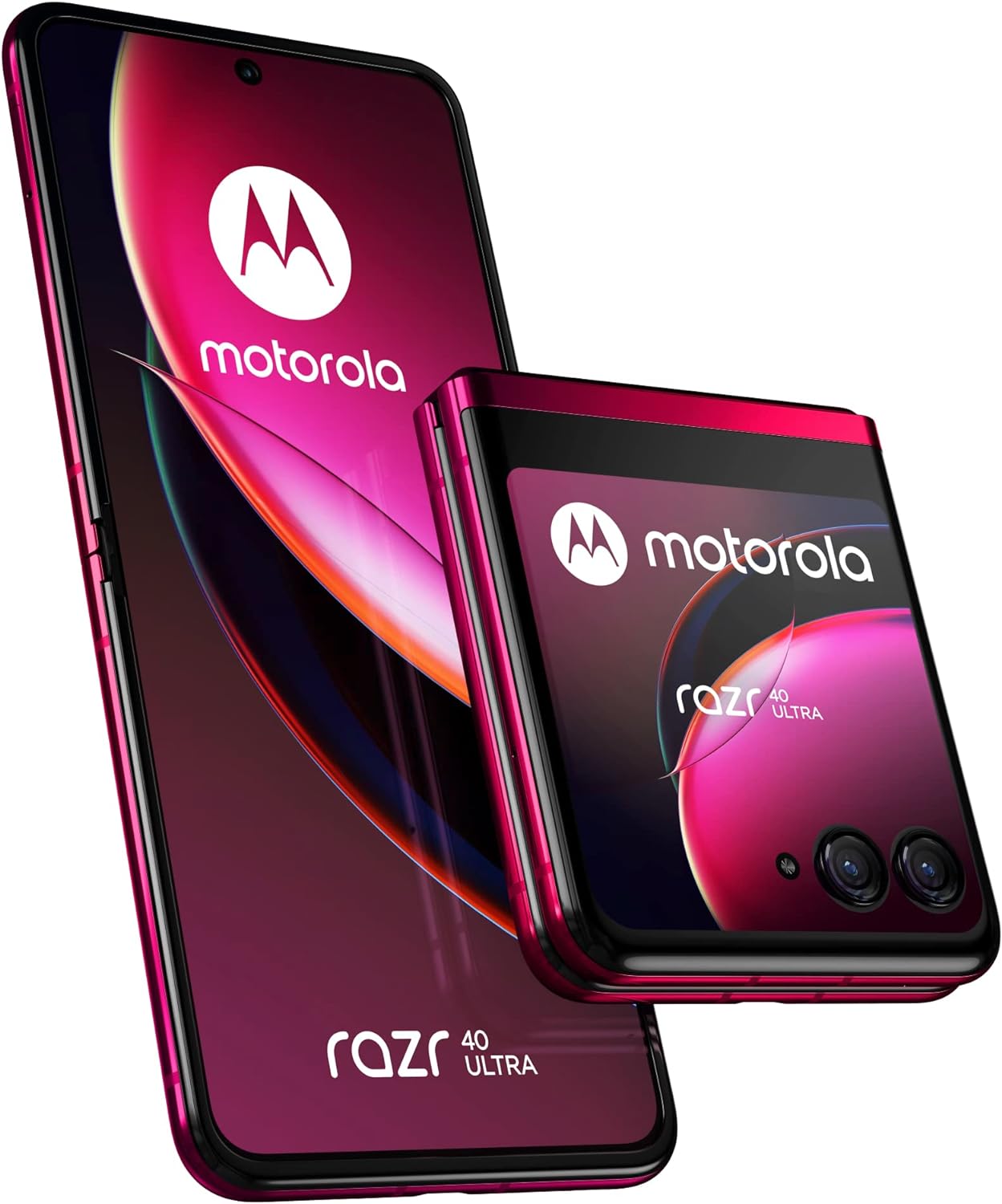 The image shows two views of a modern, foldable smartphone. The phone is a Razr 40 Ultra, which is a contemporary interpretation of the classic flip phone design, but with a foldable touchscreen. It is shown both closed and partially open, displaying the external small screen and camera array when folded, and the large internal flexible display when opened.
The device features a distinctive logo of Motorola, which consists of a stylized 'M' inside a circular icon. The color scheme of the phone is primarily a deep, reflective magenta or purple. The phone's screen displays the Motorola branding as well.