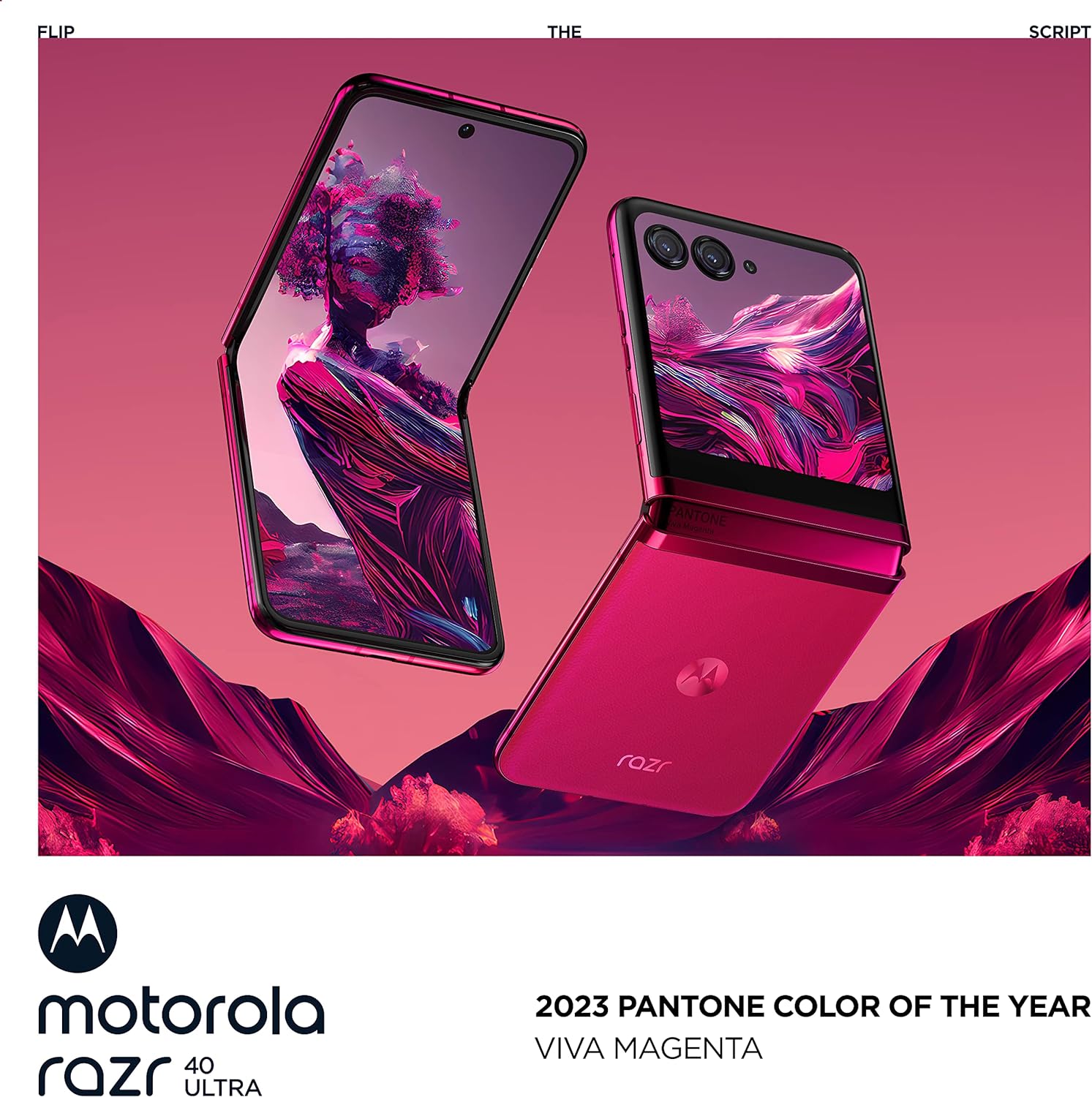 The image presents a promotional graphic for a Razr 40 Ultra smartphone in a color that seems to be the 2023 Pantone Color of the Year.