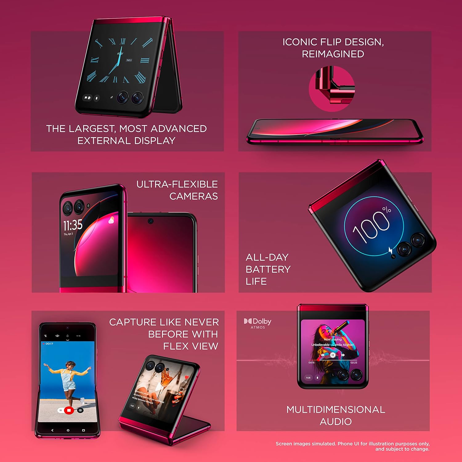 The image shows an advertisement for a Razr 40 Ultra, highlighting various features of the device.