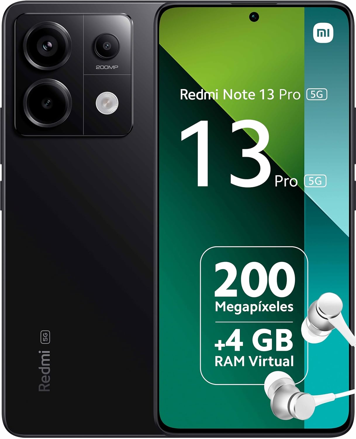 This image features a smartphone, specifically the Redmi Note 13 Pro by Xiaomi. The phone has a modern design with a punch-hole camera in the top center of the display and a square camera module at the back with multiple lenses, one prominently labeled 200MP, indicating a high-resolution camera sensor.