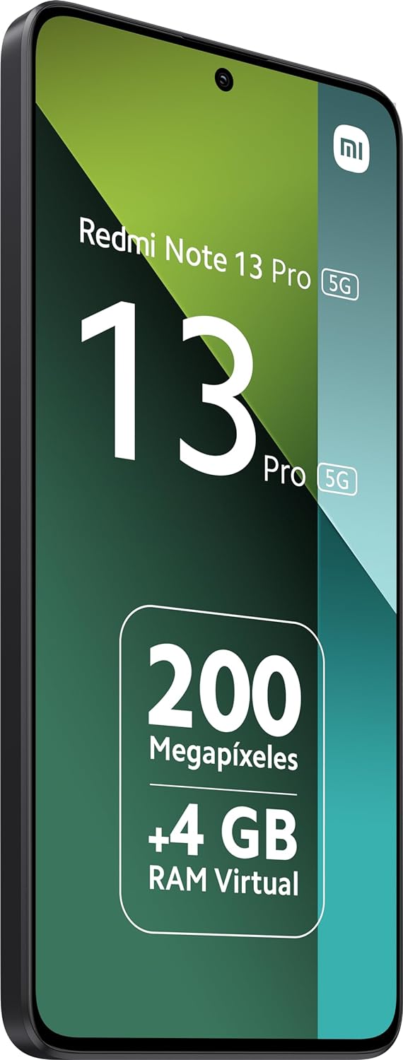 The image shows a smartphone, specifically a Redmi Note 13 Pro 5G model. It highlights the phone's features, including a 200-megapixel camera and support for an additional 4 GB of virtual RAM. 