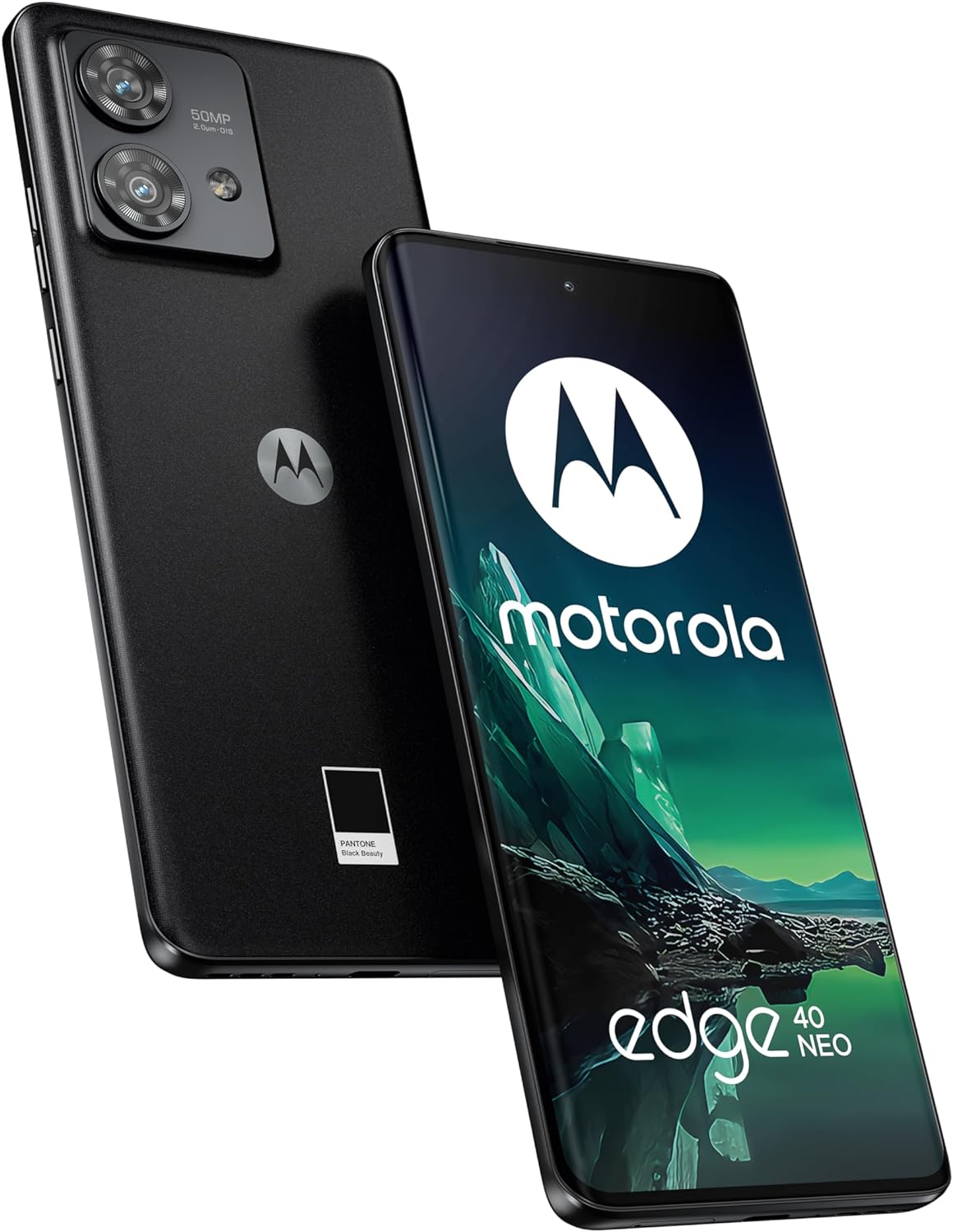 The image shows two views of a Motorola Edge 40 Neo.
