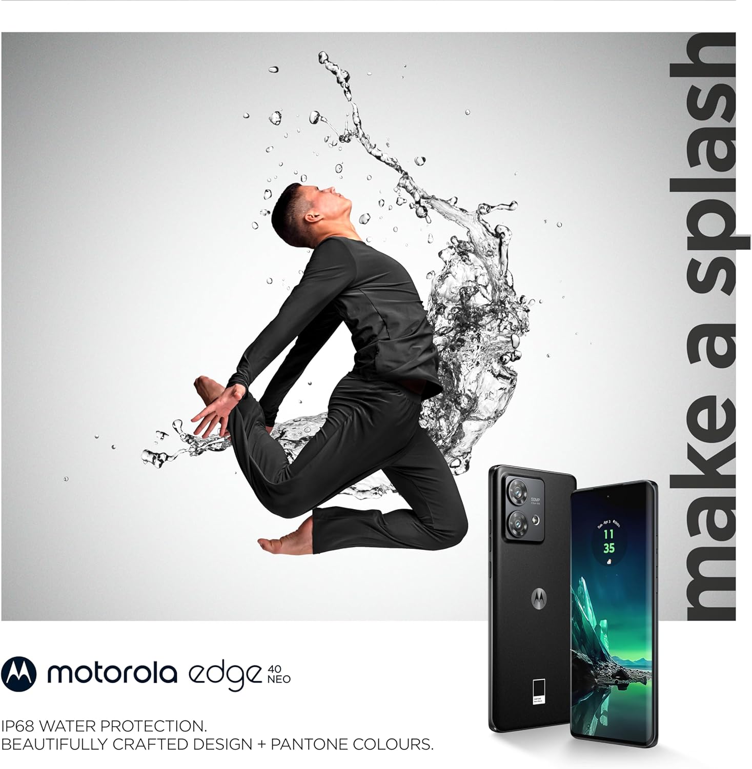 This is an advertisement image for the Motorola Edge 40 Neo smartphone. The image creatively shows a person in a suit, seemingly pushed back by the force of a large splash of water. The intention is to emphasize the phone's water resistance feature, which is indicated by the 