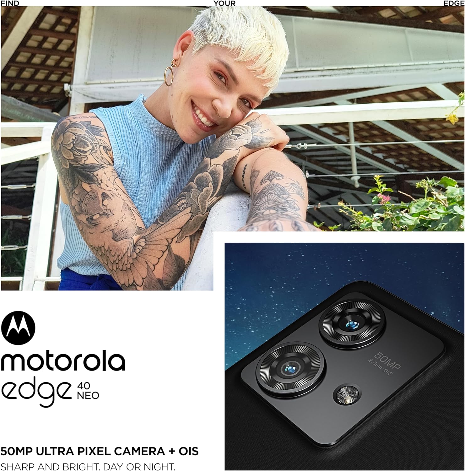 The image is a collage of two separate images. In the upper portion of the collage, there is a person with short, styled blonde hair and visible tattoos on their arms. They are smiling and appear to be taking a selfie or posing for the camera, wearing a light blue sleeveless top and hoop earrings. They are outdoors with some greenery and a white structure with grid-like patterns partially visible in the background.
The lower portion of the image shows an advertisement for a Motorola Edge 40 Neo smartphone, highlighting its camera features.