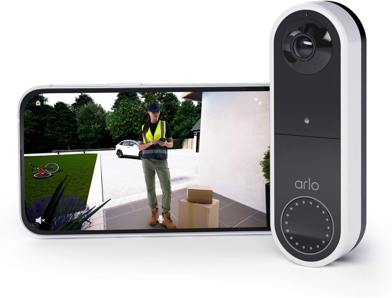 The image shows a smart doorbell device with a camera—specifically, an Arlo Essential Doorbell. Displayed on the doorbell's camera view is a person standing on a front porch, possibly a delivery person, as they seem to be next to a package. The person is wearing a vest, which is often part of a delivery uniform, and they appear to be using a handheld device, maybe for capturing delivery confirmations. In the background, there's a bicycle laid on the ground, a parked car, and residential surroundings indicating the doorbell is installed at a private residence. This type of smart doorbell often provides homeowners with real-time alerts, video footage, and communication with visitors via a smartphone app.
