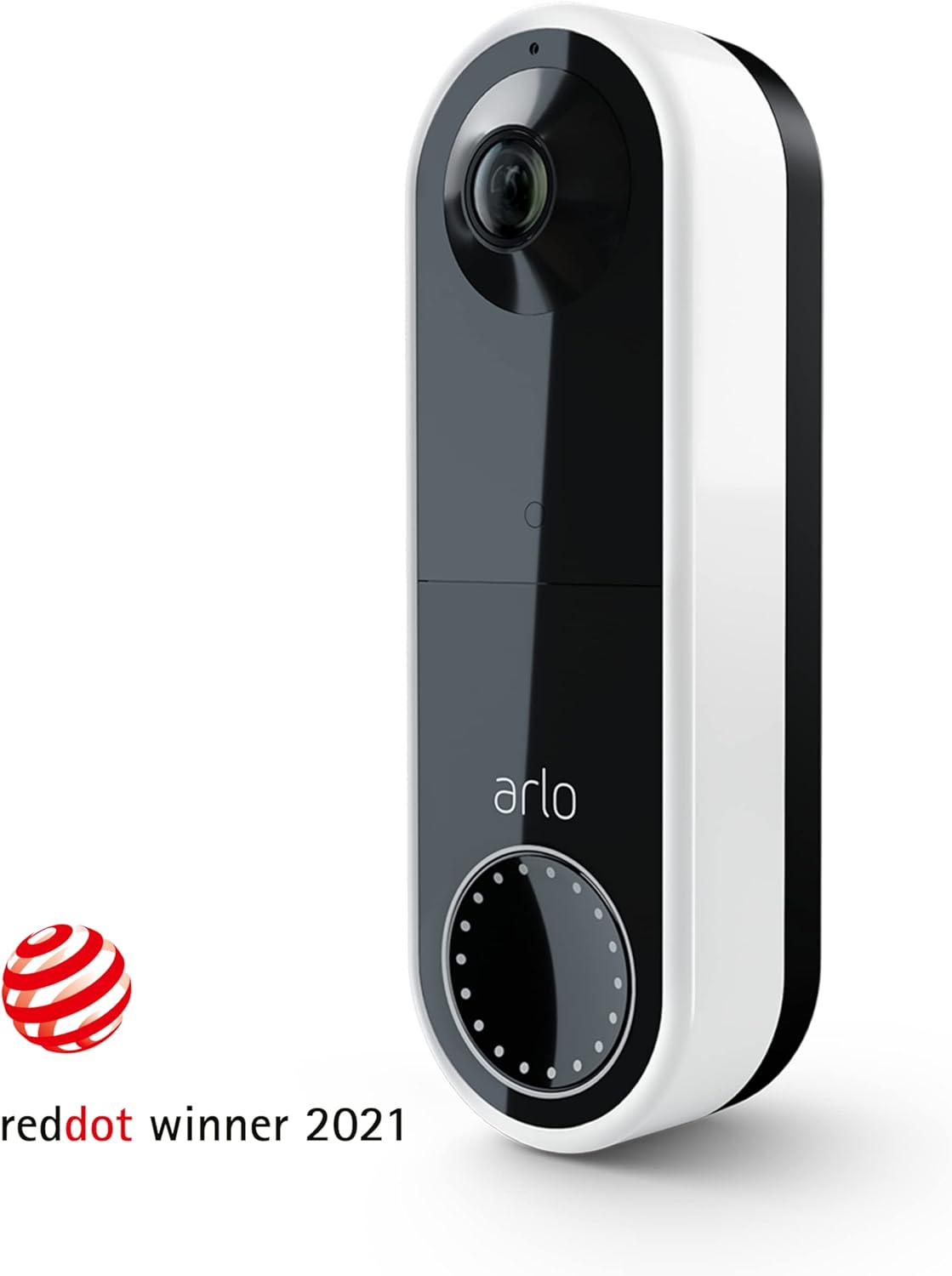 The image shows a Arlo Essential Doorbell. The design of the doorbell is modern and sleek, with a two-tone color scheme, typically white and black. The upper part has a camera lens, presumably for capturing video footage of visitors. Below the lens is what appears to be a motion sensor or part of the camera system. Towards the bottom of the doorbell, there is a large, circular button that is likely used to ring the doorbell.