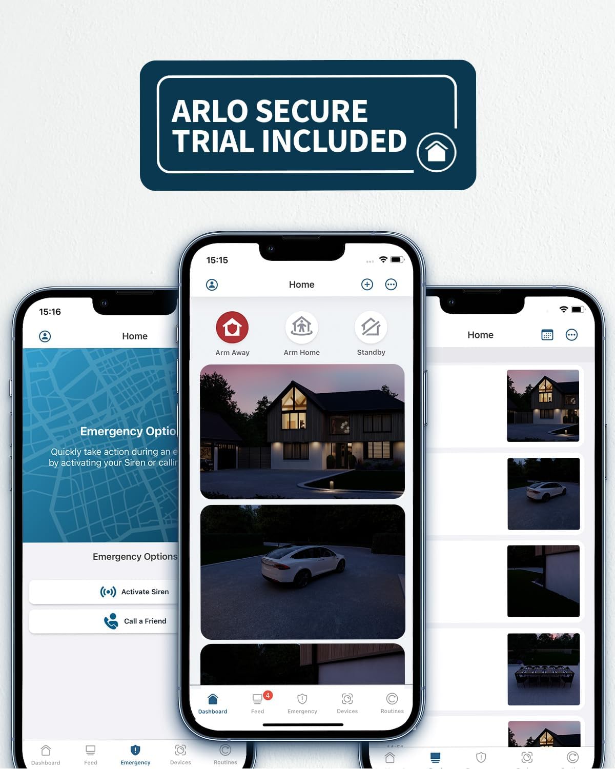 This image features three smartphones showcasing a security application interface; the app is likely for a home security system. The screens depict various functions: