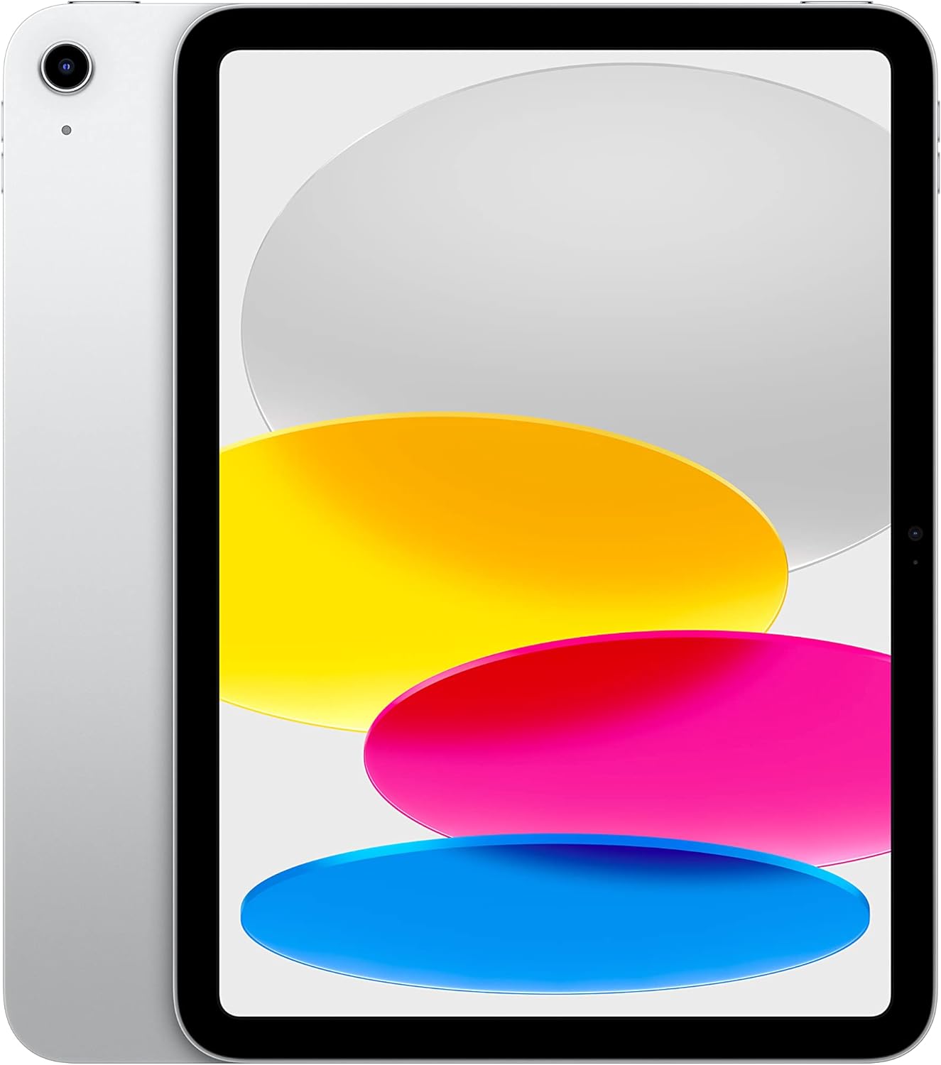 This image shows an iPad 10th Generation. The device is displayed from the front with the screen visible, which shows an abstract graphical design with overlapping colorful shapes. The colors include yellow, pink, and blue, set against a light background. The tablet has a camera visible on the top bezel, and on its side, you can see the volume buttons and possibly a power button. It appears to have a reasonably slim profile with rounded corners, which is typical of contemporary tablet designs.