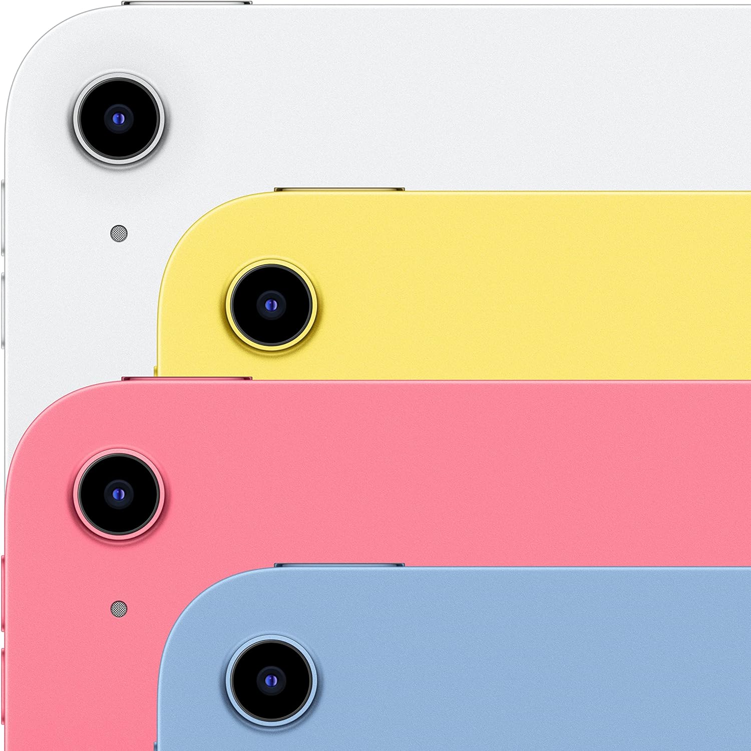 The image shows a close-up view of the rear cameras of what appears to be an iPad 10th Generation, with each iPad having a single lens camera and a flash. The visible part of each iPad shows different colors: white, yellow, pink, and blue. Each camera lens is centered towards the top of the iPad's back, and the iPads seem to have a simplistic design, aligned with modern tablet aesthetics. The image likely aims to showcase the variety of colors available for a specific tablet model.