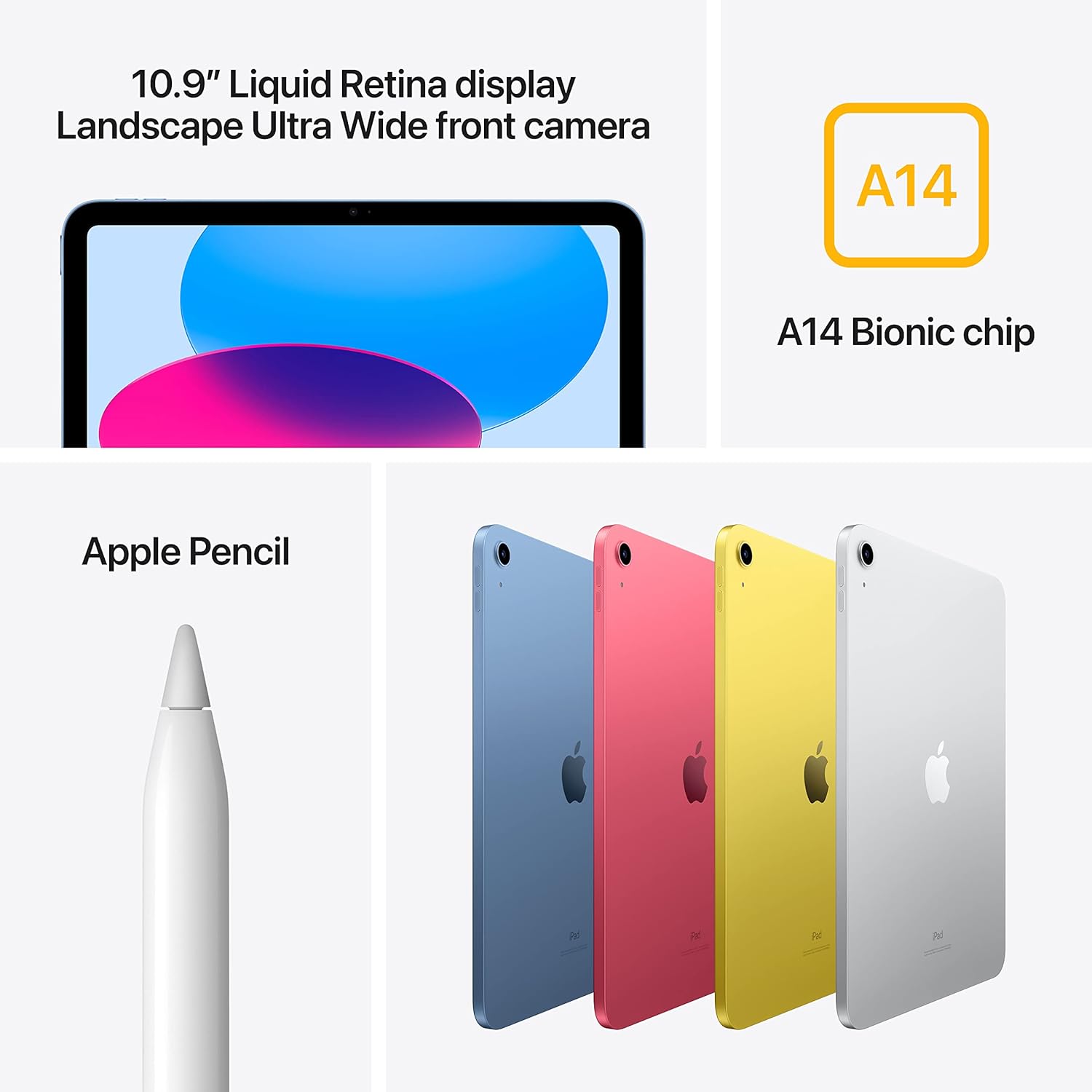 This image contains several Apple products and features. At the top left, there is an iPad 10th Generation.