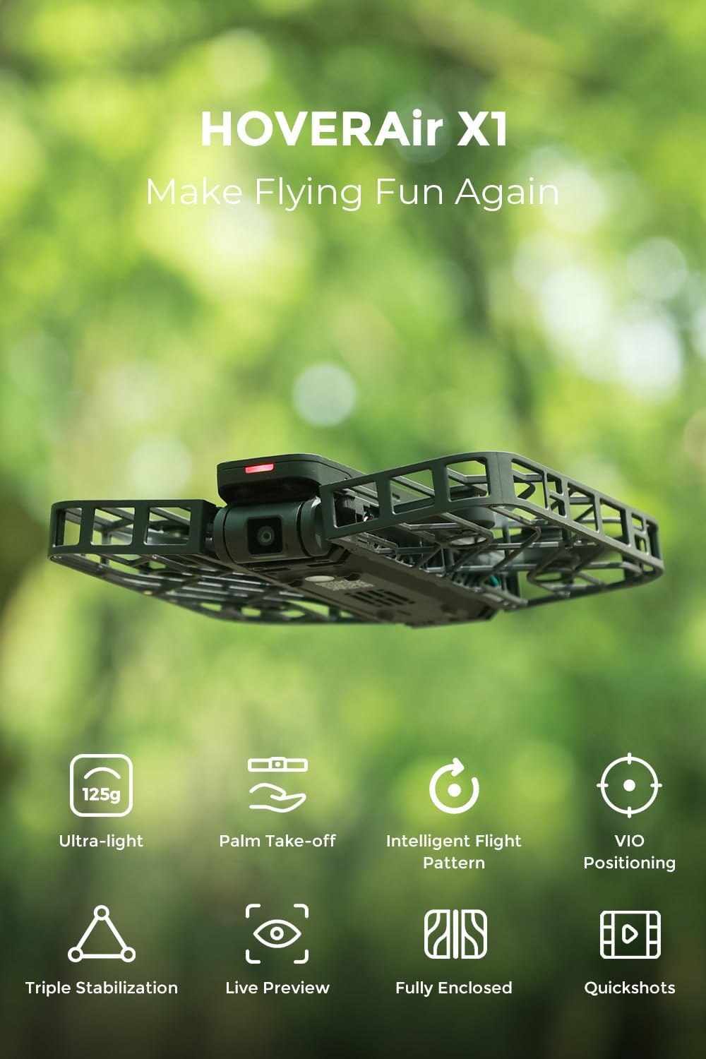 The image appears to be an advertisement for a drone named HoverAir X1.
