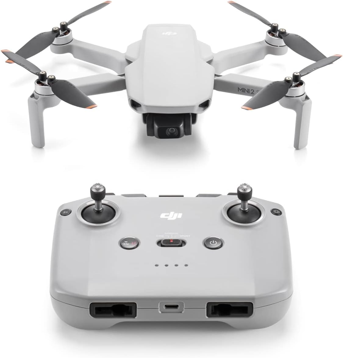 The image shows a DJI Mini 2SE and its controller. The drone is equipped with propellers and a camera in the front, indicative of its capability for aerial photography or videography.