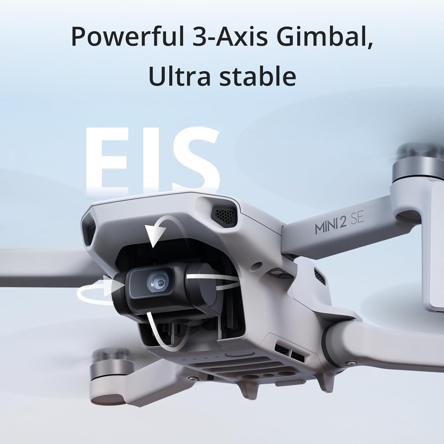 This image showcases a close-up of a DJI Mini 2SE drone, specifically focusing on its camera and stabilization features.