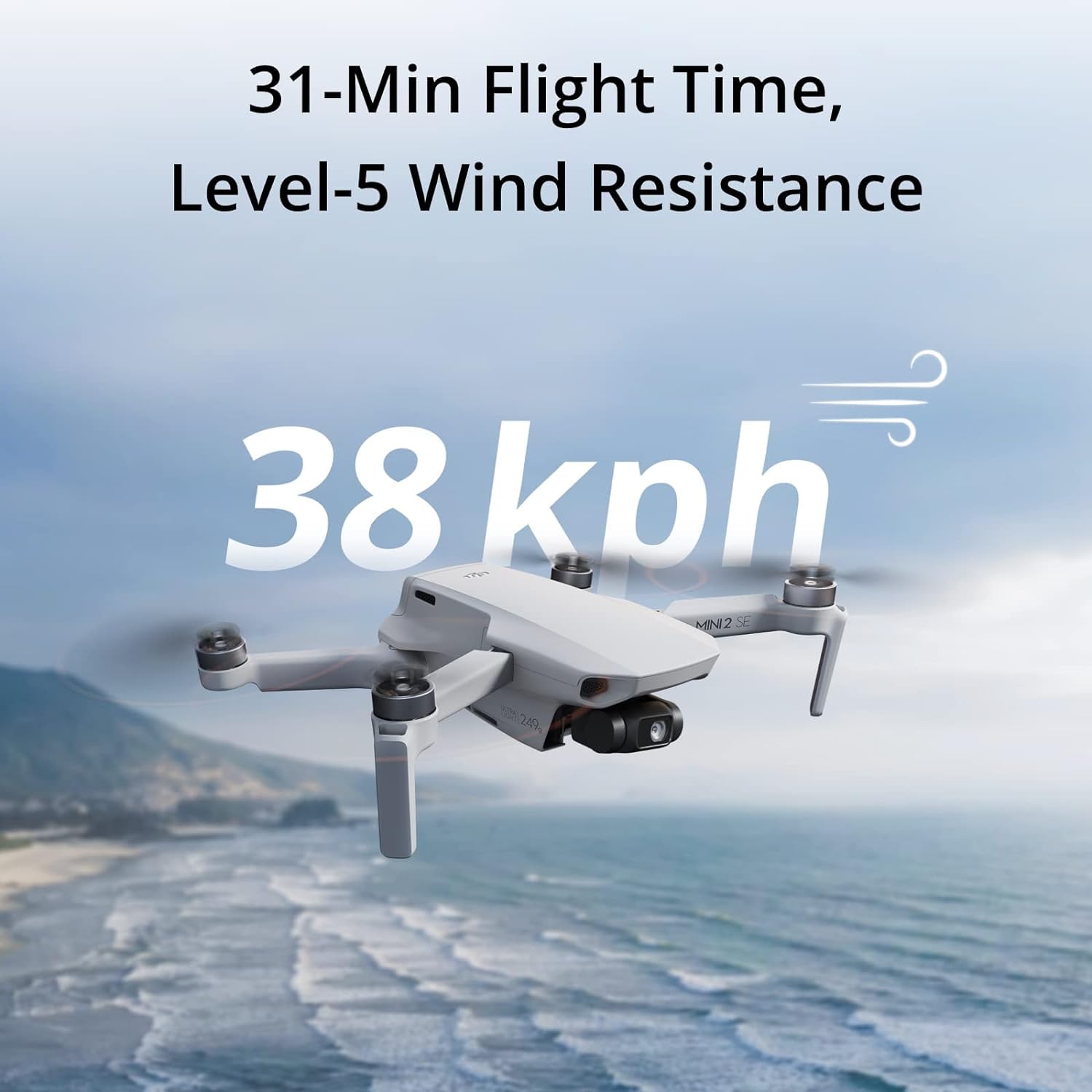 The image shows a DJI Mini 2SE Drone in flight over a coastal landscape with the sea and the beach visible in the background. The drone is white with four rotors and appears to be a compact model suitable for photography or videography. There are some specifications overlaying the image.