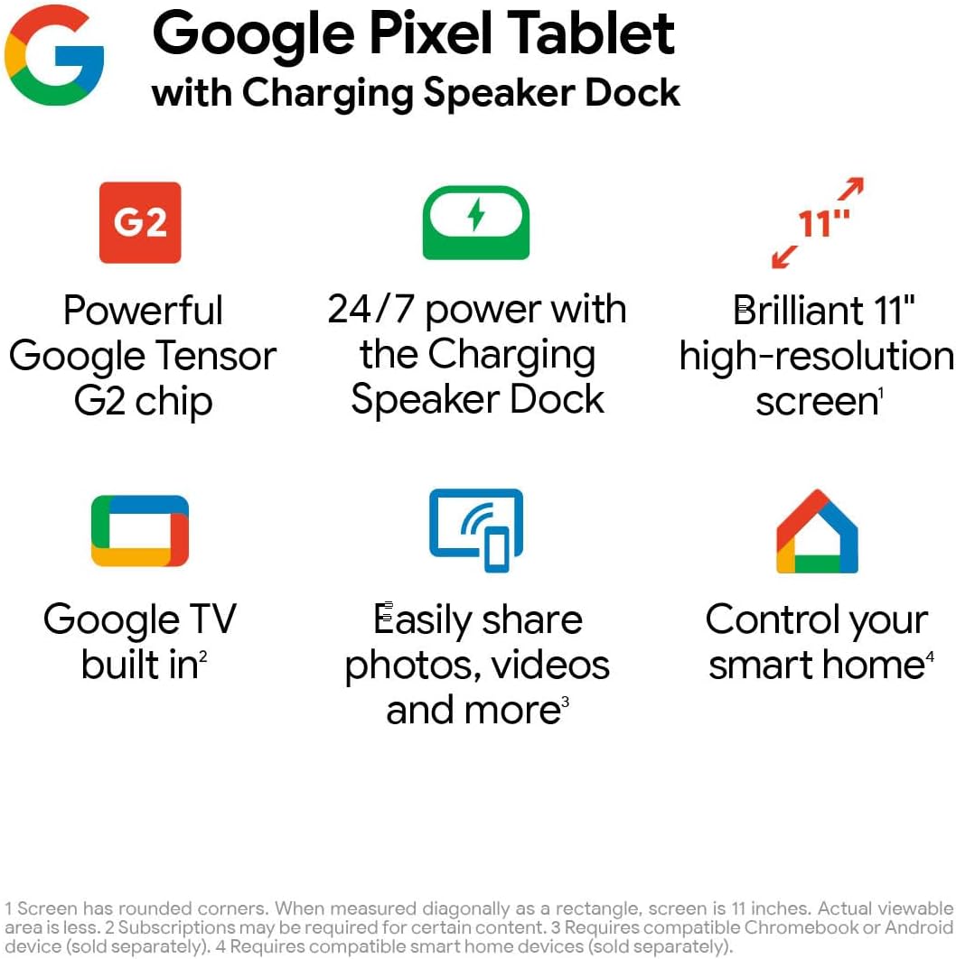 This image is an advertisement for the Google Pixel Tablet with Charging Speaker Dock. It highlights several features of the device:

- Powerful Google Tensor G2 chip
- 24/7 power with the Charging Speaker Dock
- Brilliant 11