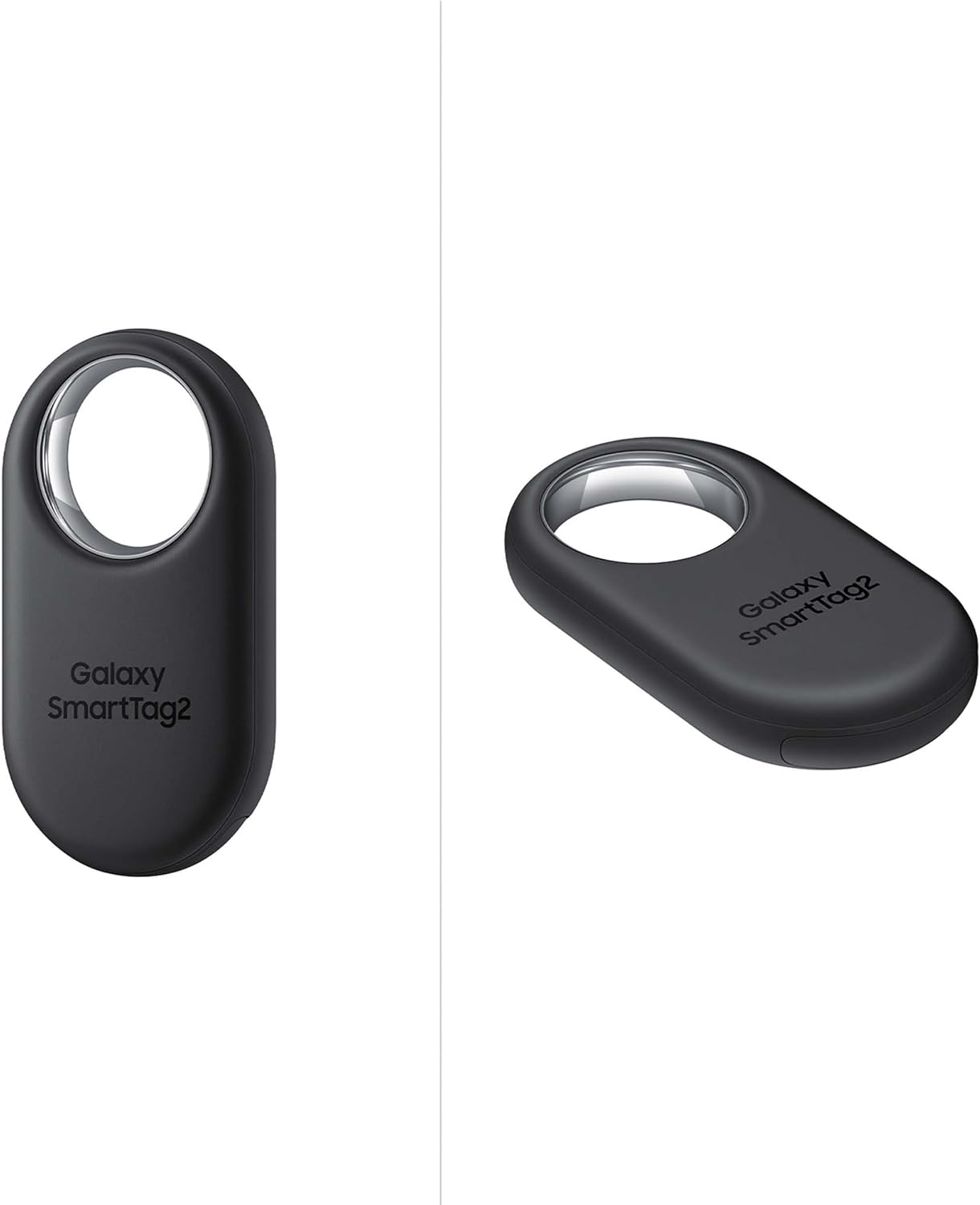 The image shows two views of a Samsung Galaxy SmartTag2. This is a Bluetooth tracker designed to help users locate misplaced items using their smartphone. It appears to have a simple design with a hole in the top corner allowing it to be easily attached to items like keys or bags.